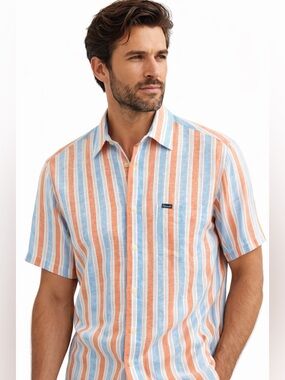 Faconnable 100%‎ Linen Short Sleeve Shirt Striped Front Pocket Mens Medium